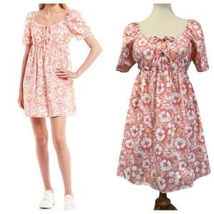 COPPER KEY Floral Print Tie Front Puff Sleeve Babydoll Dress Size S Pink White